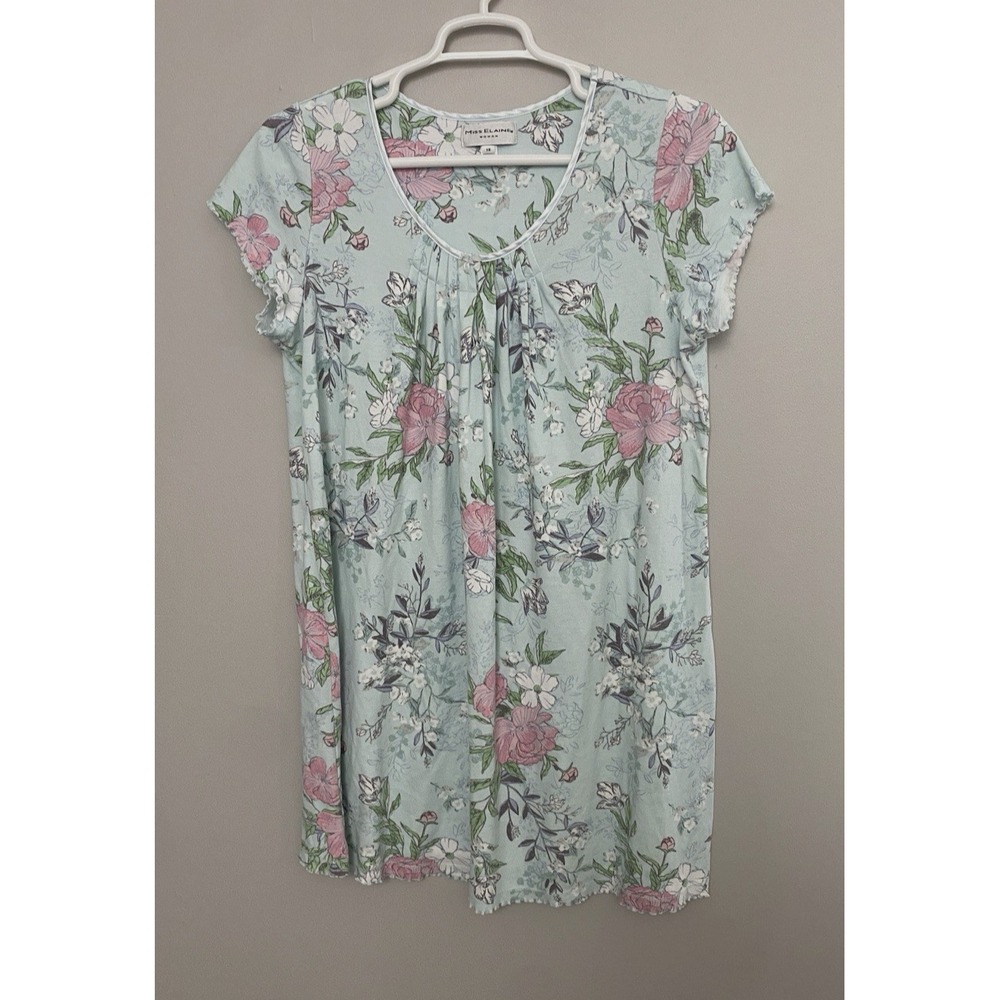 Miss Elaine Nightgown Floral Pleated Blue 1X Plus Size Sleepwear Lightweight